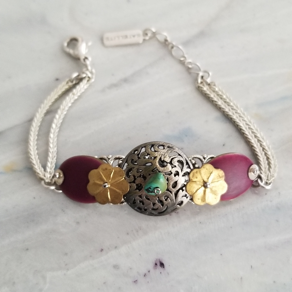 Silver/ Gold Two Tone Floral w/Mauve Filigree Accents Genuine Turquoise Bracelet